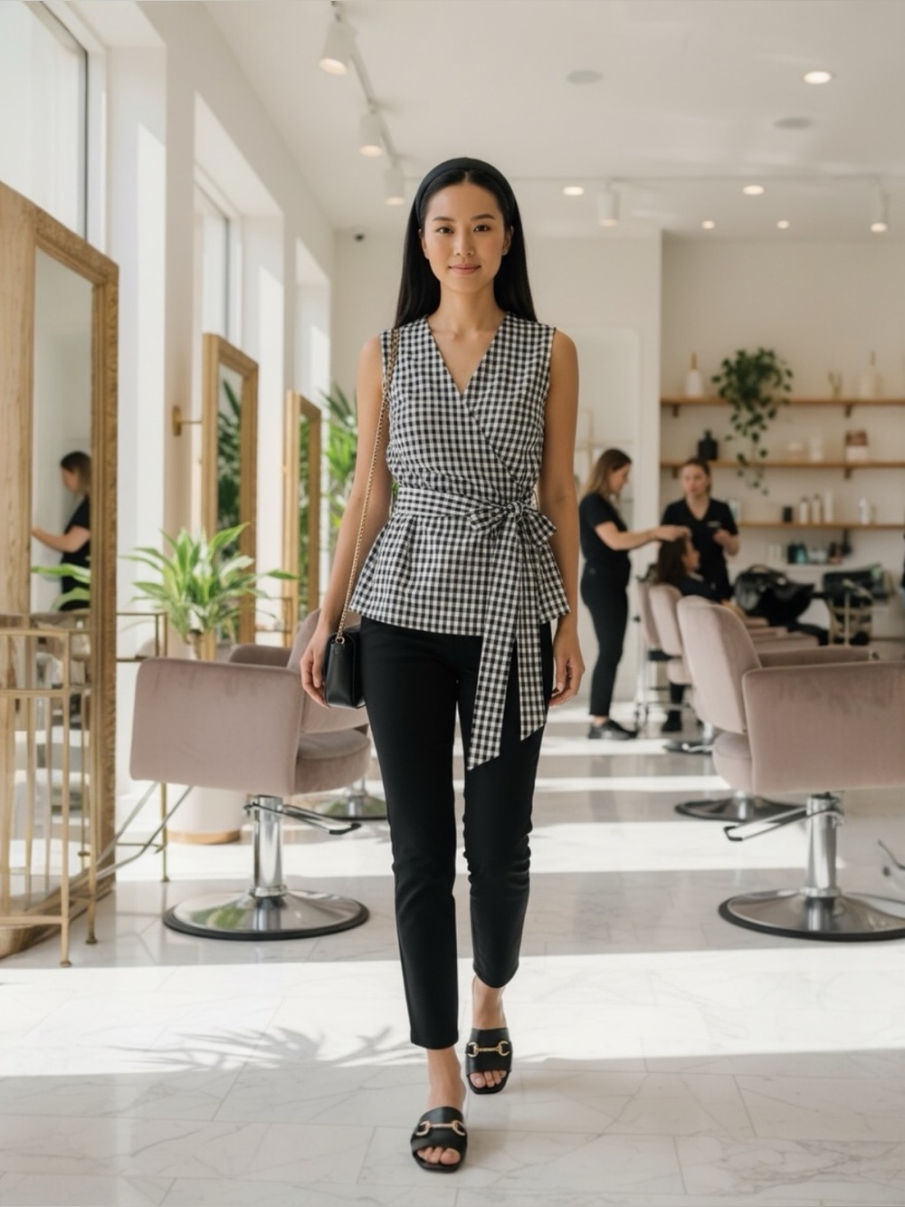 Max Jeans Black and White Gingham V-Neck Sleeveless Tie Sash Belted Top Small